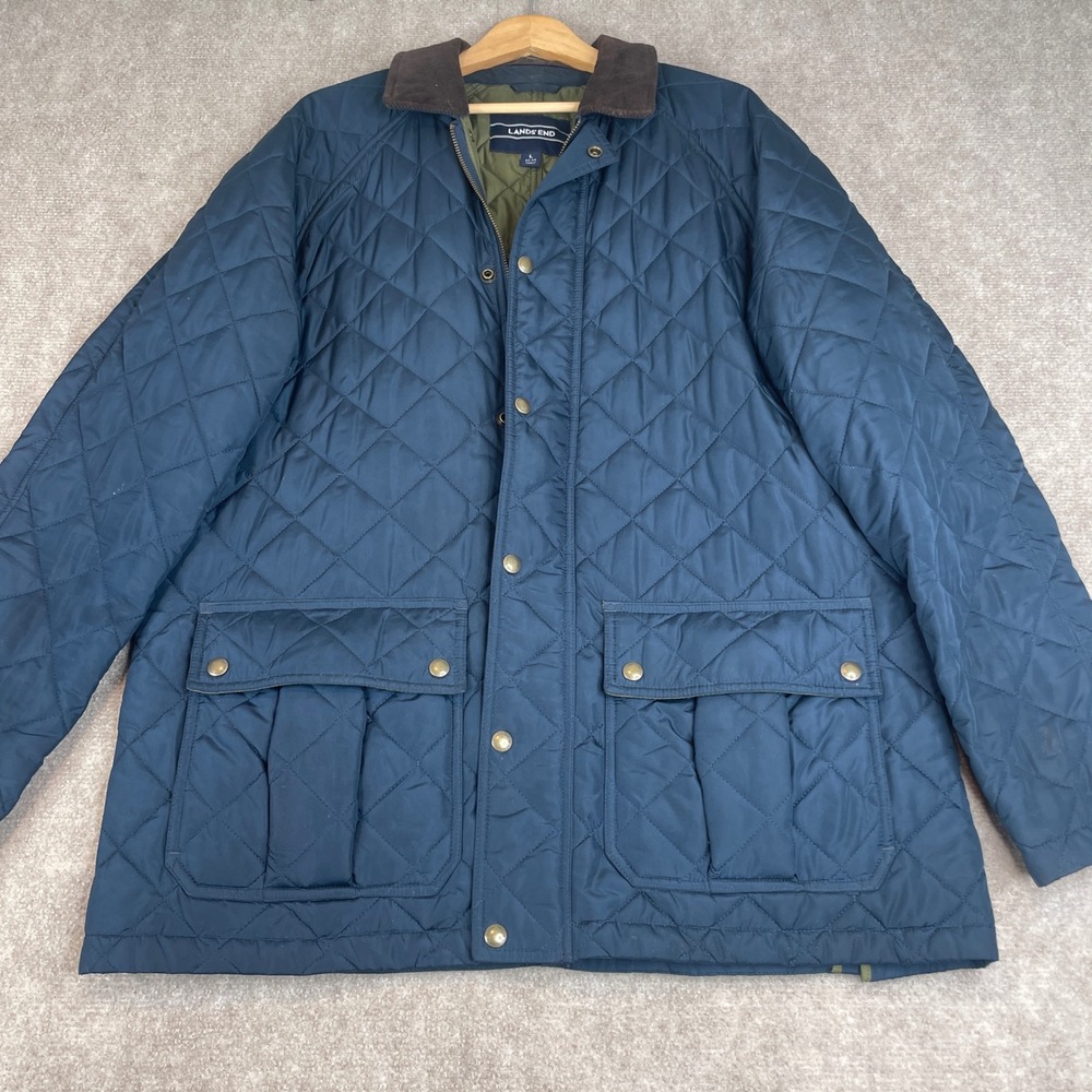 Lands End Quilted‎ Barn Jacket Blue Corduroy Collar Full Zip Pockets Mens L